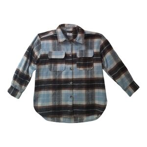 New - Collared Button Shirt Jacket Coat Size Lrg Pockets Brown Blue Cream Plaid